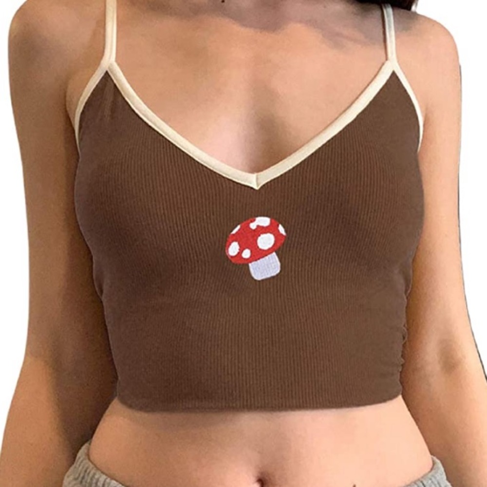 Brown ribbed mushroom crop top tank top v neck